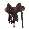 BURNS CHOCOLATE RO BARREL SADDLE W/ NATURAL BUCK STITCH AND BLACK HAWK FEATHER