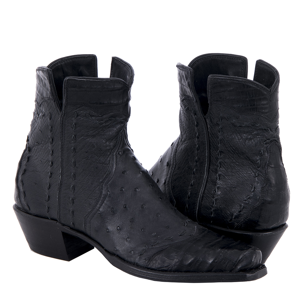 Ladies Black Ostrich and Caiman Buckstitch Shorty Boot