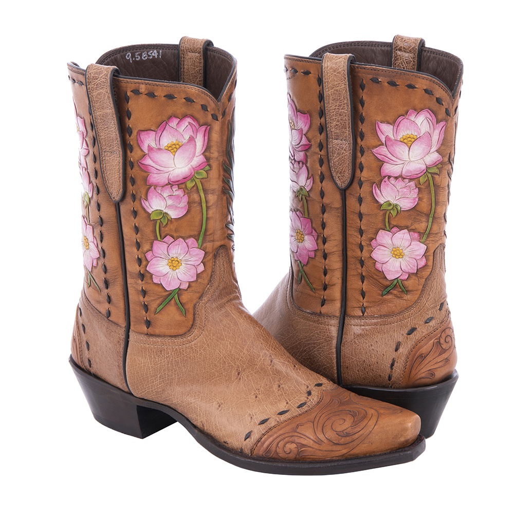 Ladies Hand Tooled Floral Smooth Ostrich Cowboy Boots