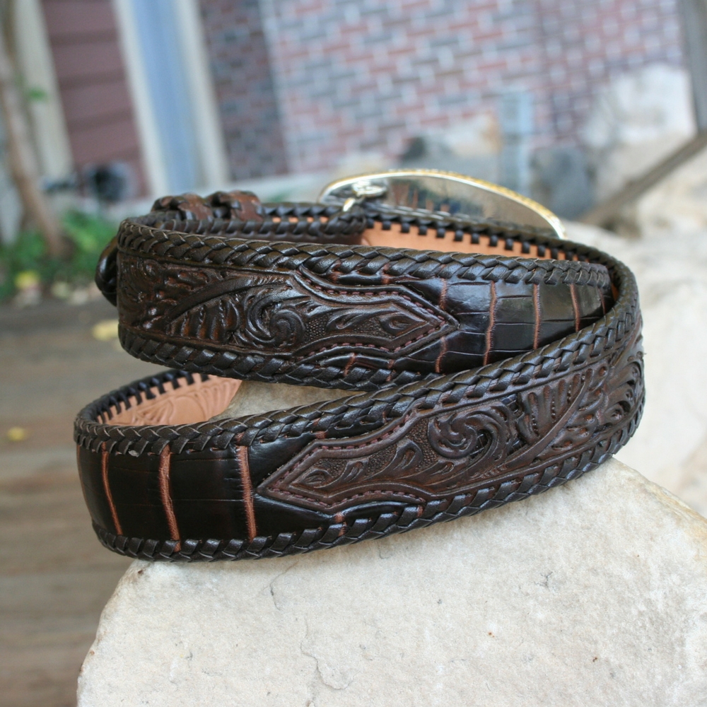 Brown Alligator Belly with Tooled Billets and Lacing 1 1/2" 