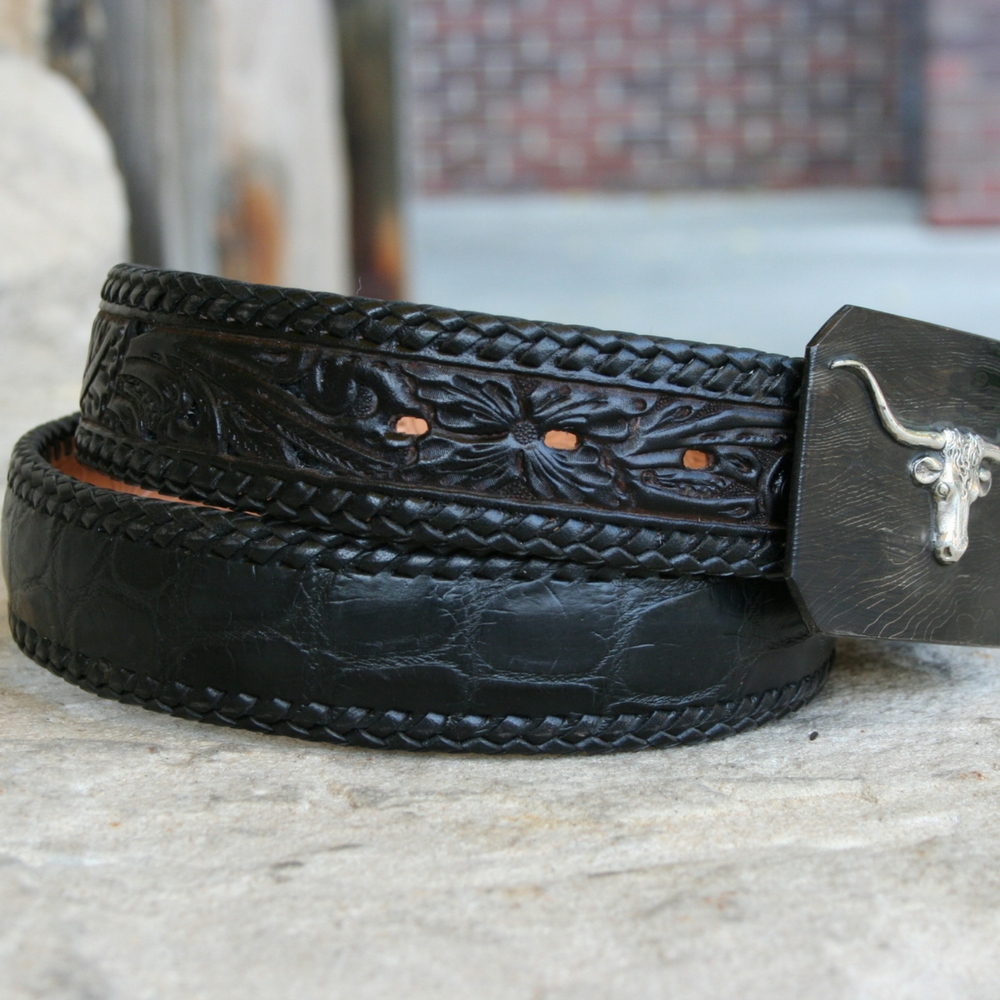 Black Alligator Belly Tooled with Lacing 1 1/2" Belt