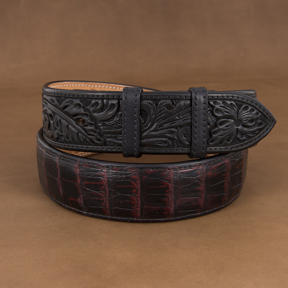 Black Cherry Caiman with Tooled Billets 1 1/2" Belt