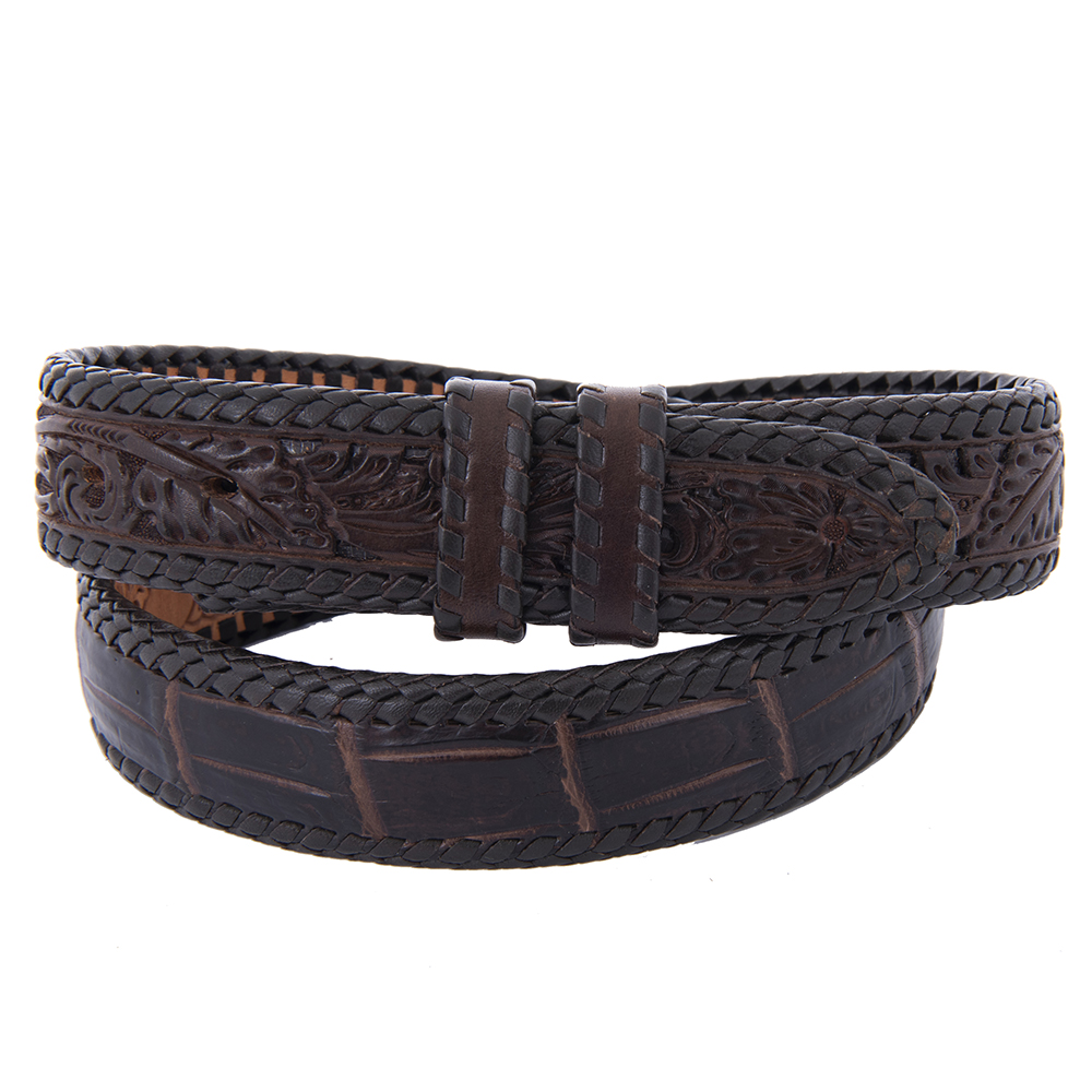 Chocolate Alligator Lacing and Tooled Billets 1 1/2" Belt