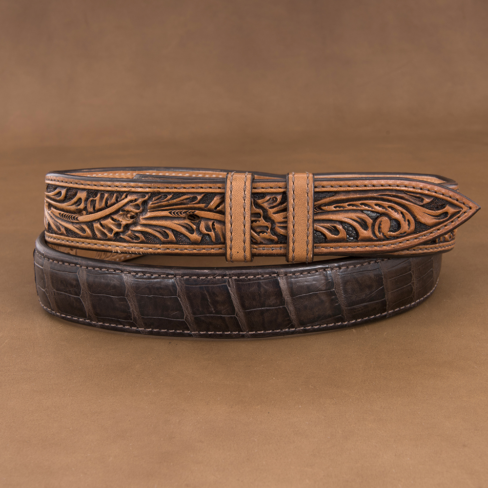 Chocolate Caiman Tooled Billets 1 1/4" Belt