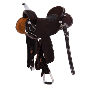 Burns Chocolate SO/RO Trail Saddle - Round - Full White Buckstitch; Full Barbwire Borders - Black Bu