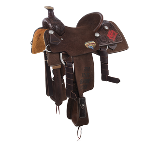 BURNS 3/4 CHOCOLATE RO ROPE SADDLE W/ 1/4 WYO AND LOGOS