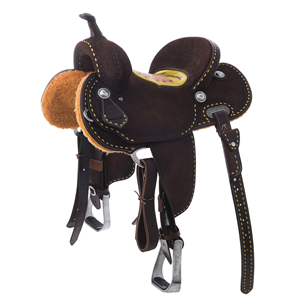 BURNS CHOCOLATE RO BARREL SADDLE W/ DHD - YELLOW BUCK STITCH