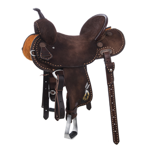 BURNS CHOCOLATE RO BARREL SADDLE W/ NATURAL BUCK STITCH AND BLACK HAWK FEATHER