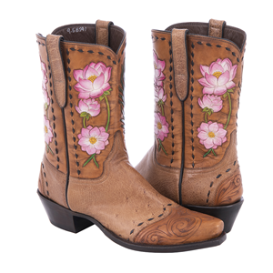 Ladies Hand Tooled Floral Smooth Ostrich Cowboy Boots