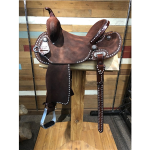 Burns Chocolate Roughout with White Buckstitch Barrel Saddle