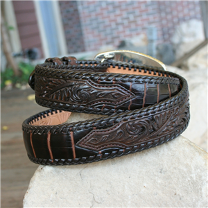 Brown Alligator Belly with Tooled Billets and Lacing 1 1/2" 